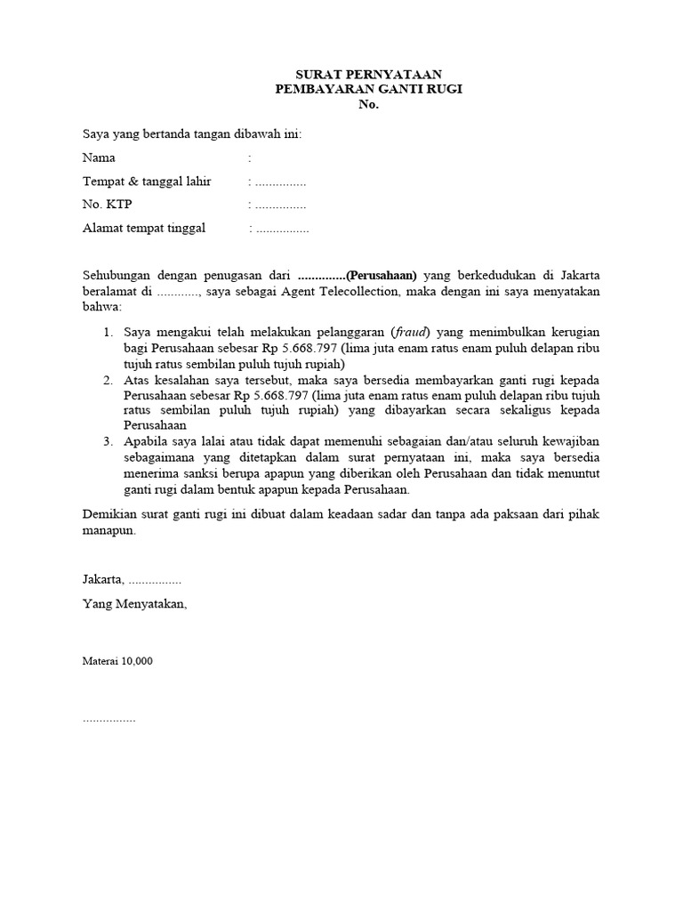 Draft Surat Pernyataan Ganti Rugi Pdf