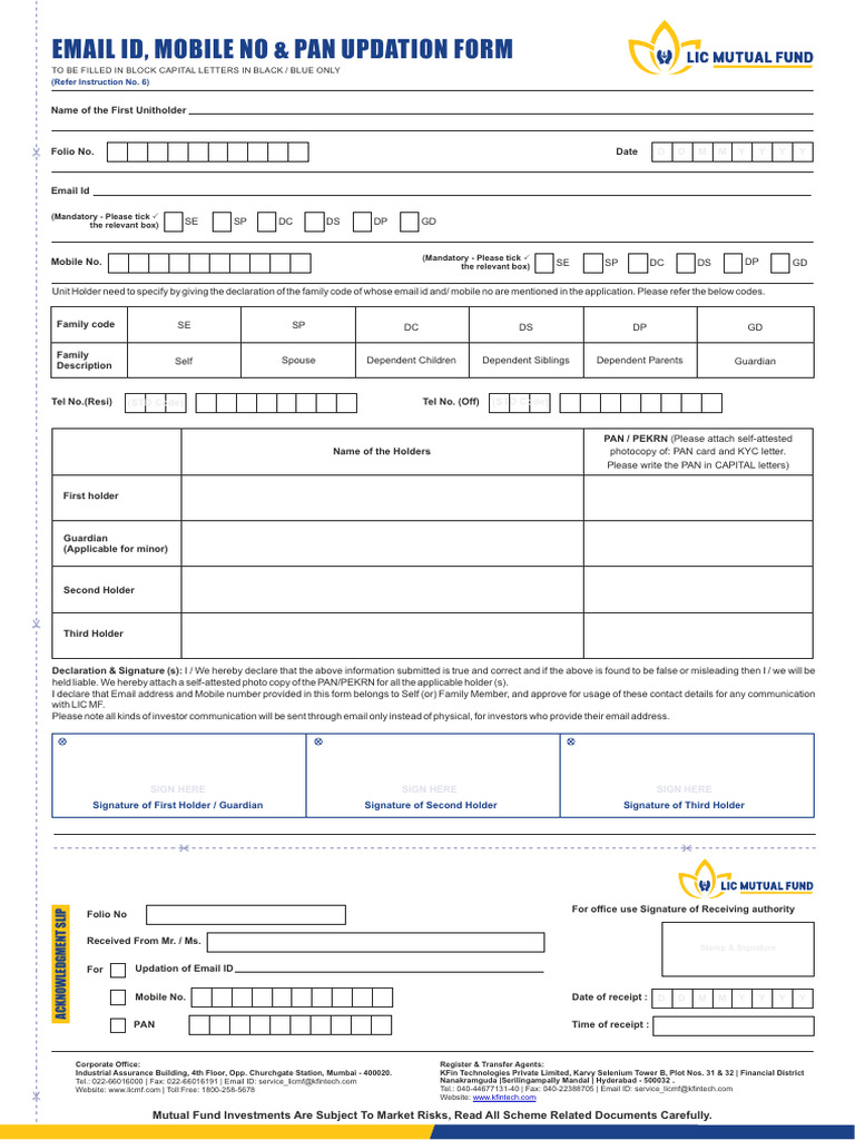Updation of PAN EMAIL and Contact Details Form PDF