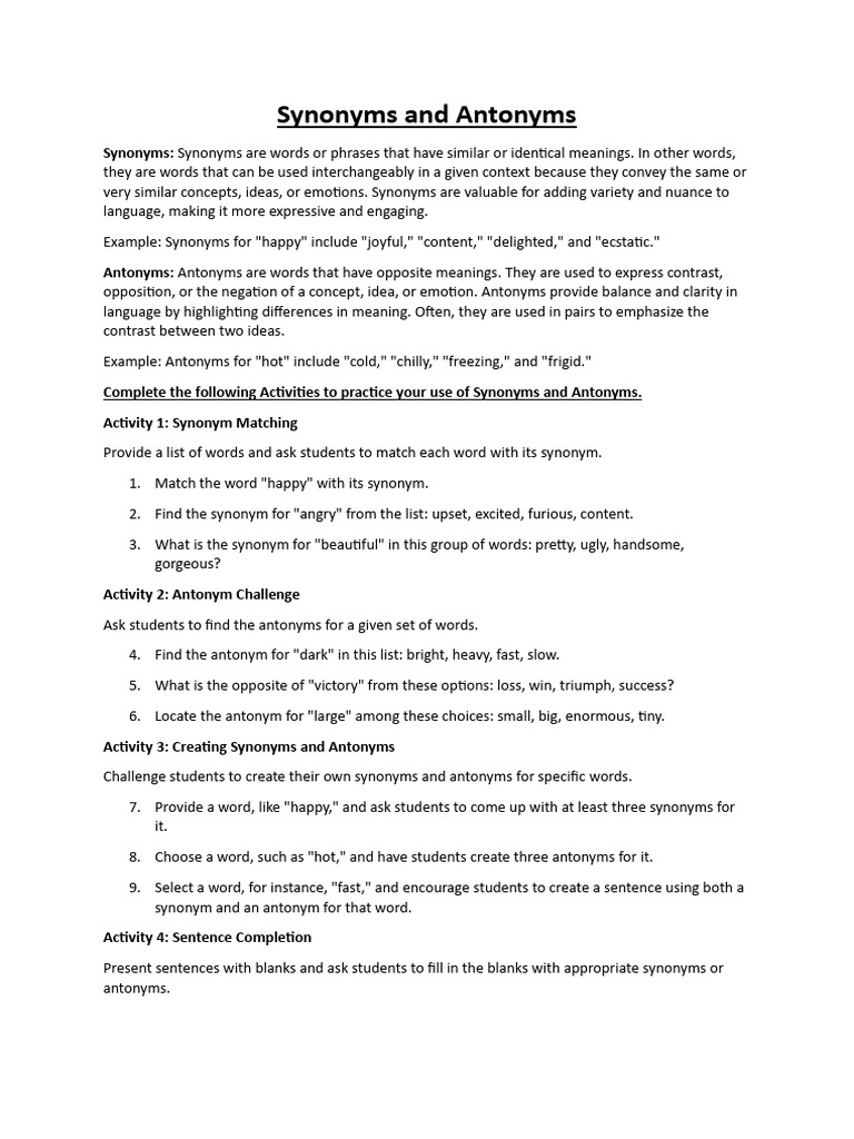 Synonyms and Antonyms PDF Word Psychology