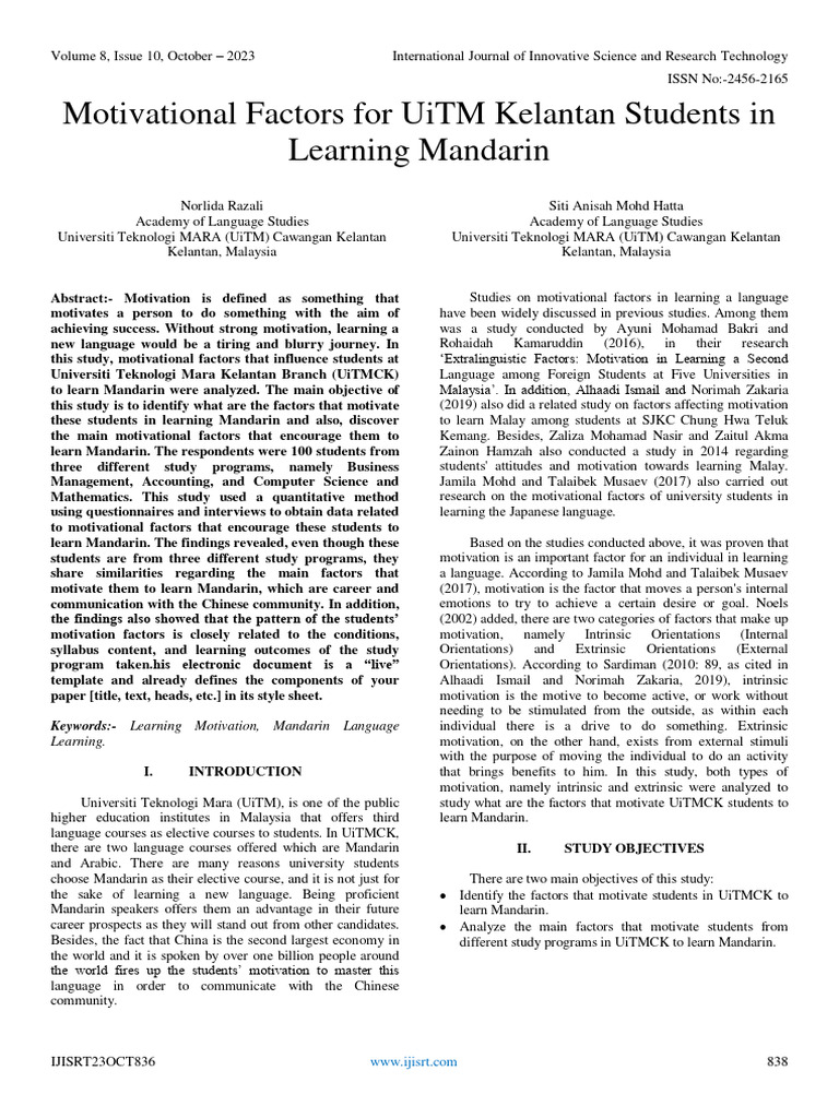 Motivational Factors For UiTM Kelantan Students in Learning Mandarin ...
