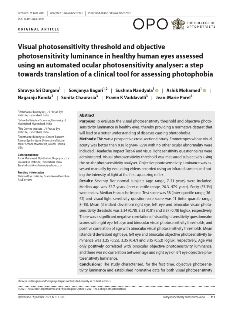 Ophthalmic physiologic optic 2021 durgam visual photosensitivity