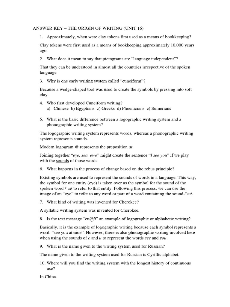 Study Questions The Origin of Writing (Answers) PDF Writing