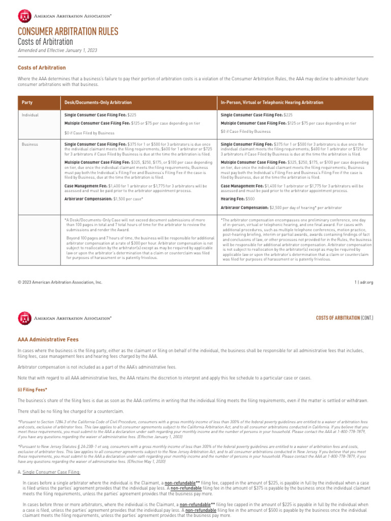 Consumer FeeSchedule PDF Arbitration Mediation
