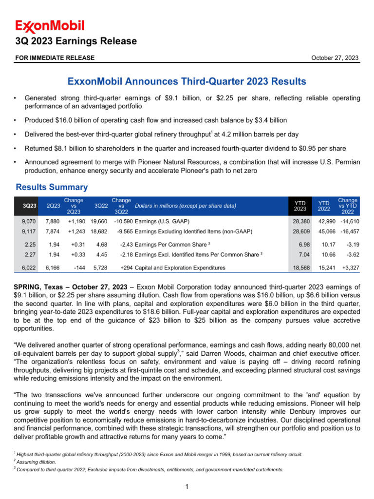 XOM 3Q23 Earnings Press Release Website PDF Taxes Exxon Mobil