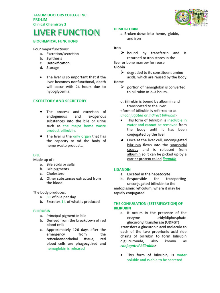 CC2 - Prelim Liver Function Summary | PDF | Liver | Hepatocyte