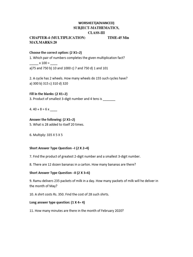Class 3 Maths Chapter 4 Worksheet | PDF | Teaching Methods & Materials
