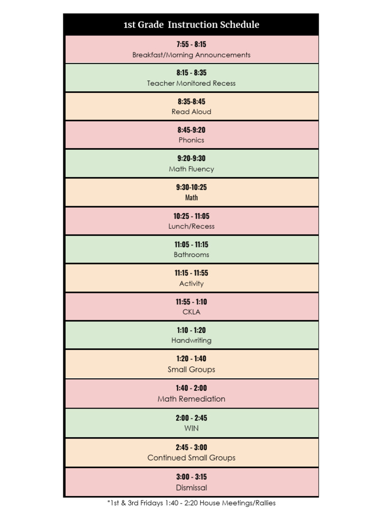 20252025 Instruction Schedule1st Grade 1 PDF