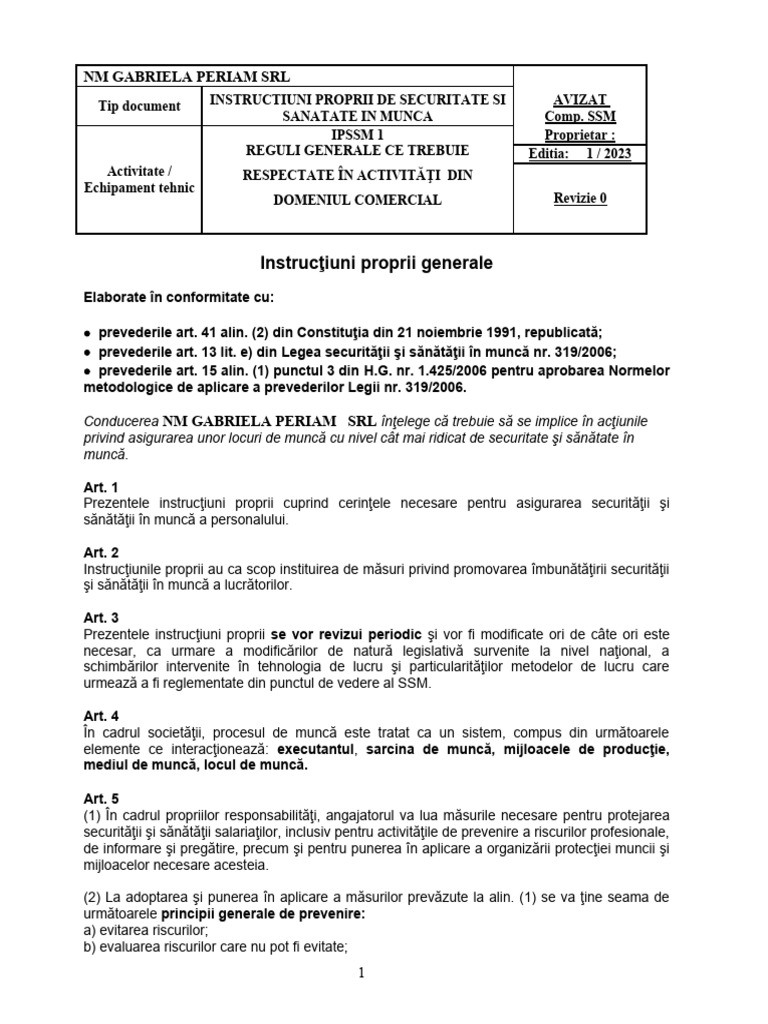 1 Instructiuni Proprii Generale | PDF
