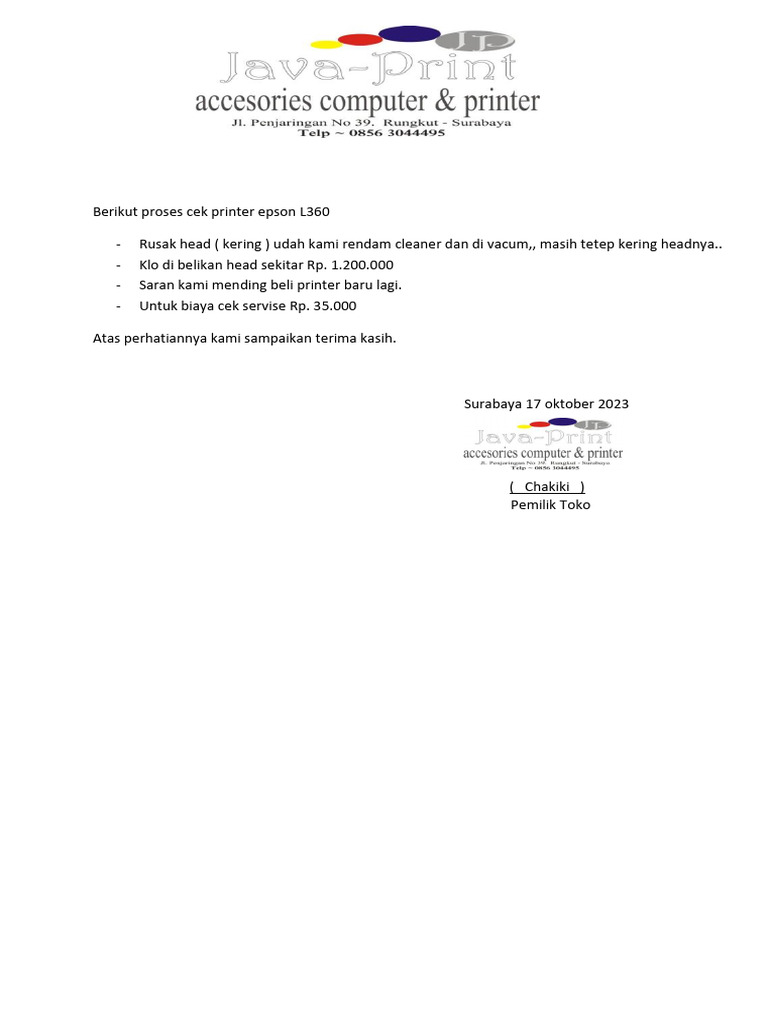 Berikut Proses Cek Printer Epson L360 PDF