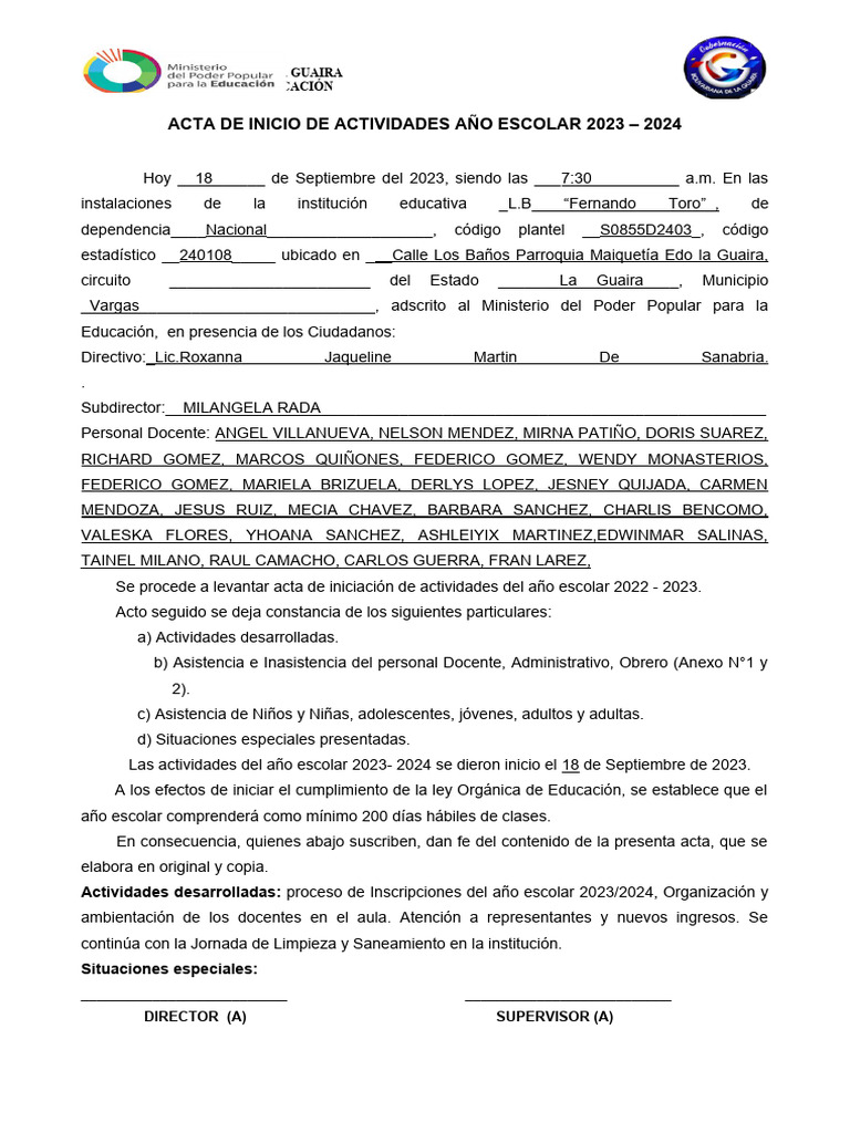 Acta de Inicio Año Escolar 2023-2024 | PDF