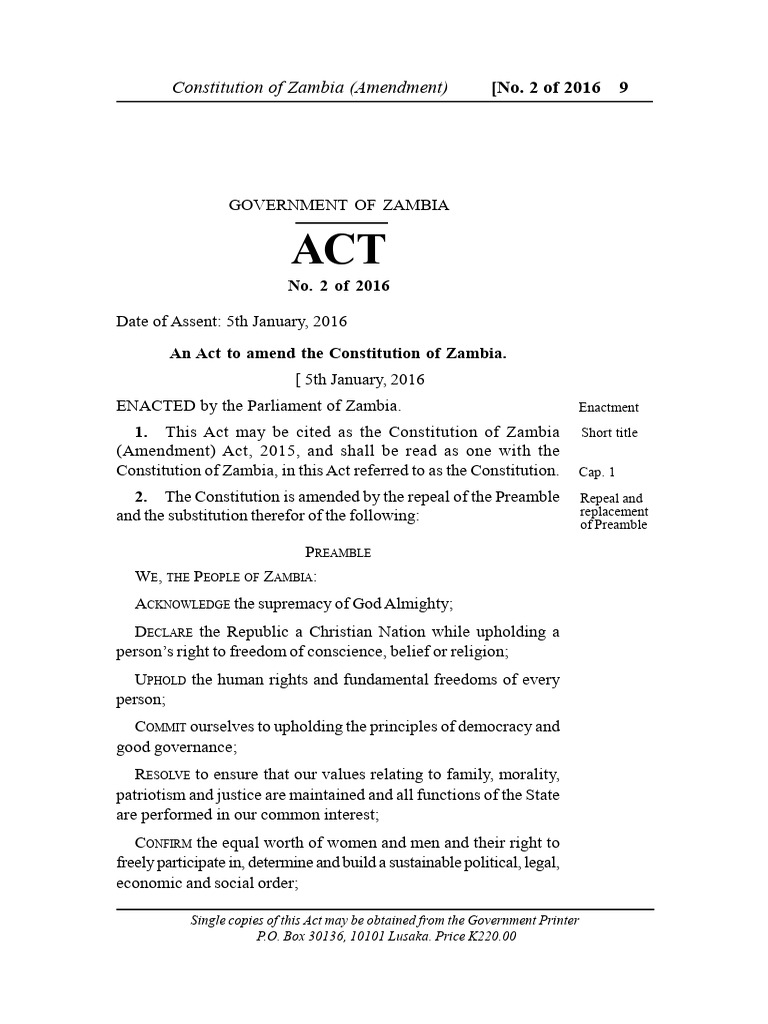 Constitution of zambia amendment act no 2 of 2016 pdf