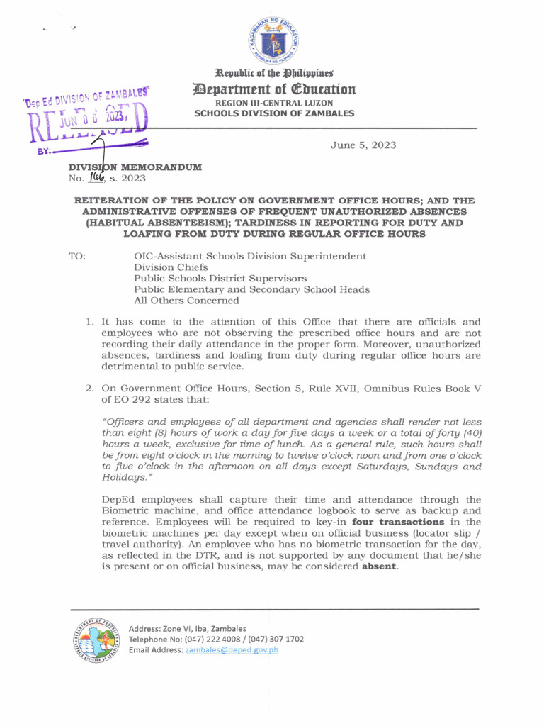Dm no 166 s 2023 reiteration of the policy on government office