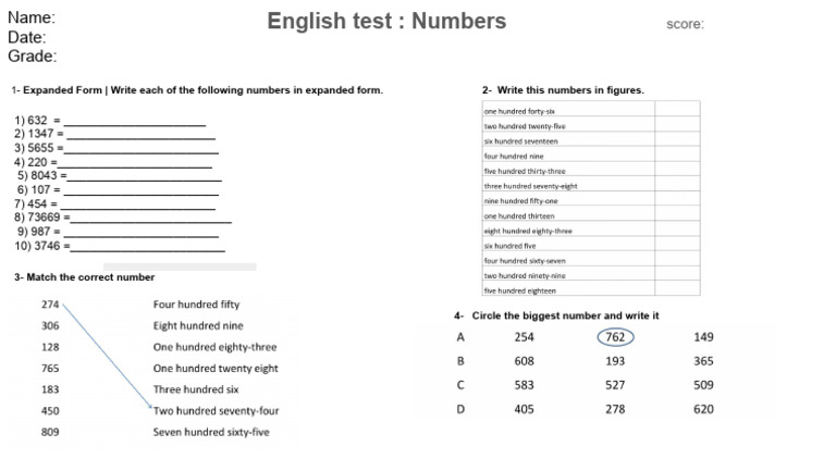 English Test Numbers PDF