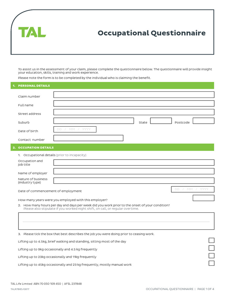 Occupational Questionnaire PDF