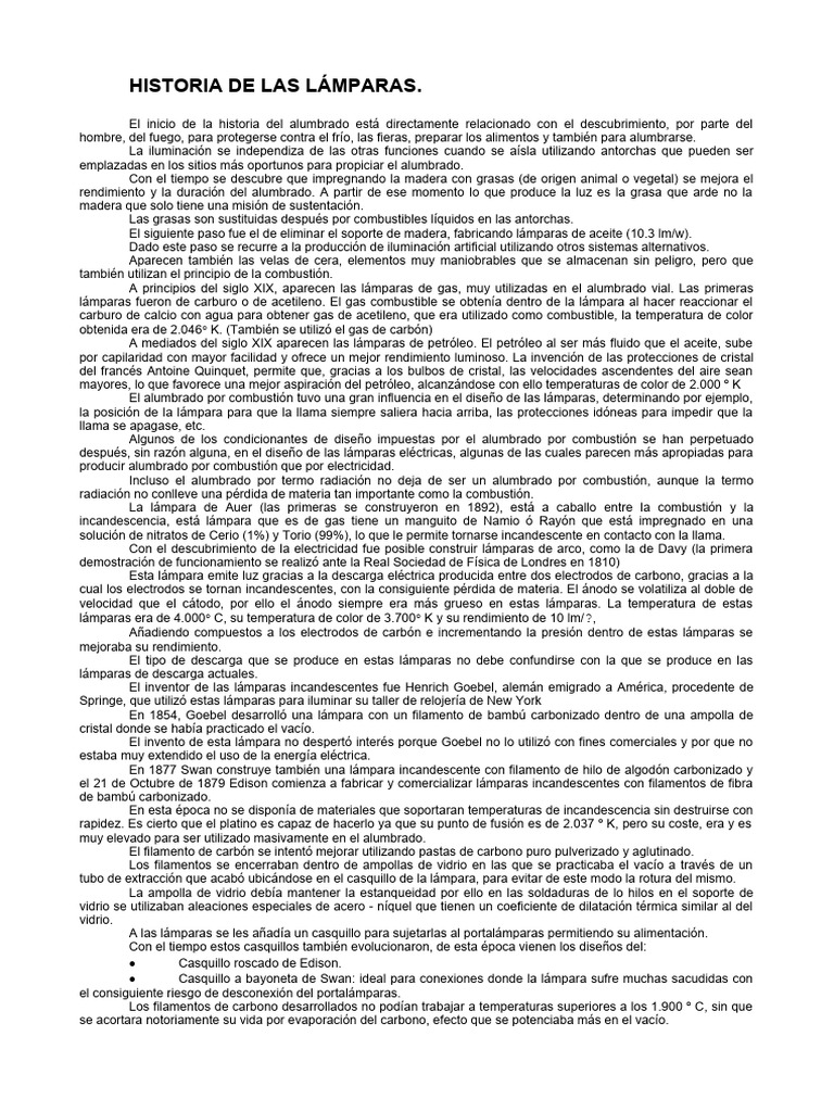 Historia de Las Lámparas PDF Luz de la calle Radiación