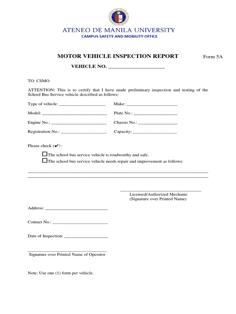 Motor Vehicle Inspection Report - Form 5A | PDF