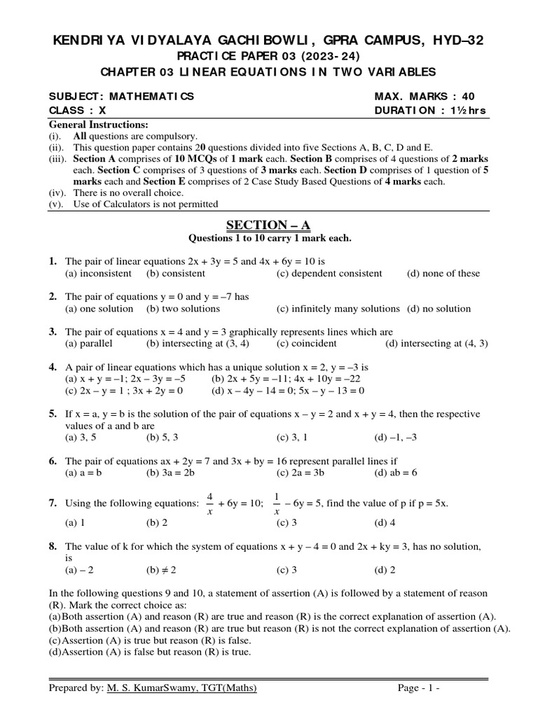 Class 10 Maths: Linear Equations Test Paper | PDF | System Of Linear ...