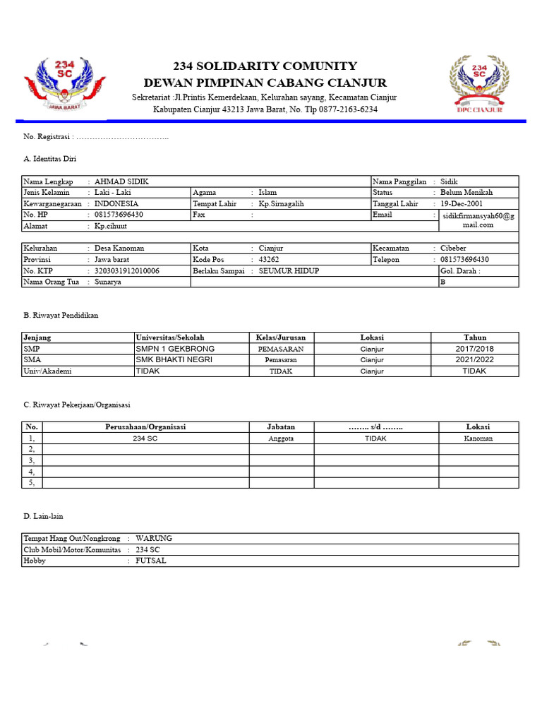 Formulir Pendaftaran 234 SC Cianjur | PDF