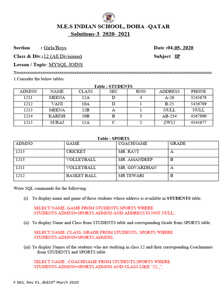 MYSQL WORKSHEET-3 Joins Solutions | PDF | Data | Information Retrieval