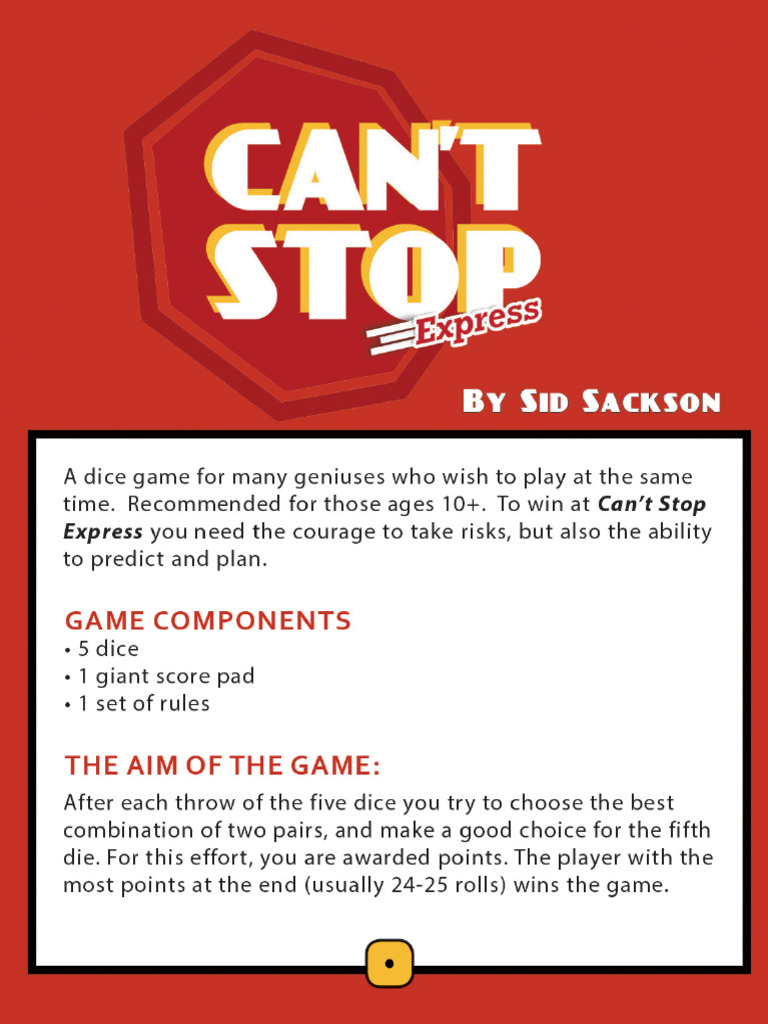 Cant Stop Express Rules PDF