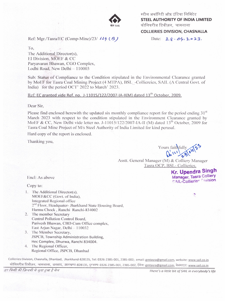 EC Compliance - Tasra Coal Mining - 31st March, 2023 | PDF