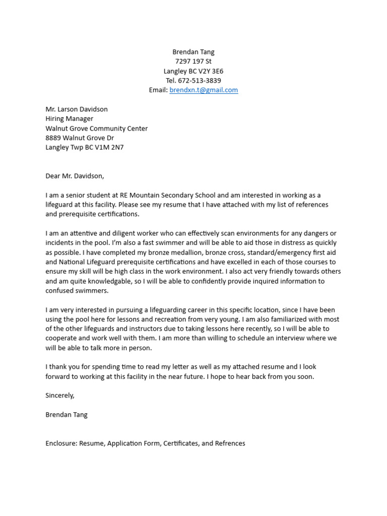 Cover Letter Lifeguard PDF