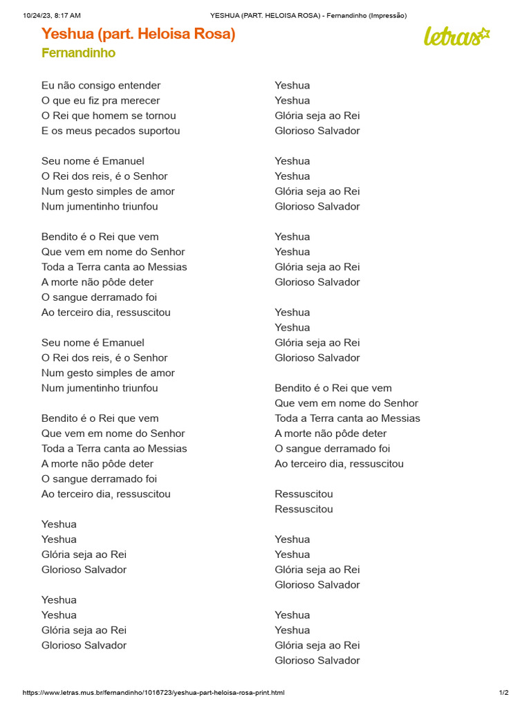 YESHUA (PART. HELOISA ROSA) - Fernandinho (Impressão) | PDF