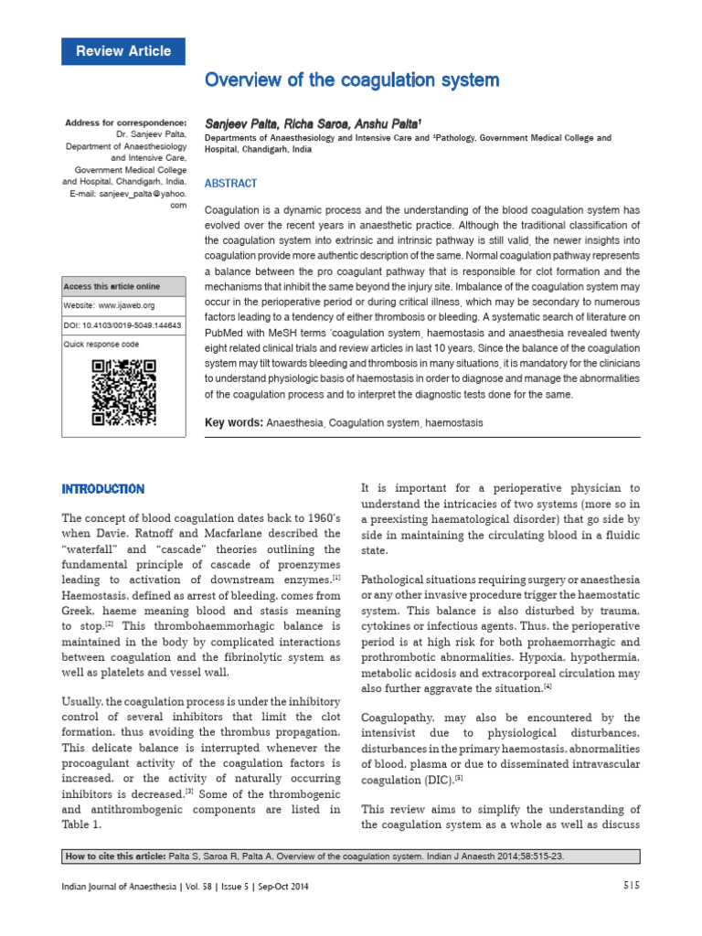 Coagulation System in Anaesthesia | PDF