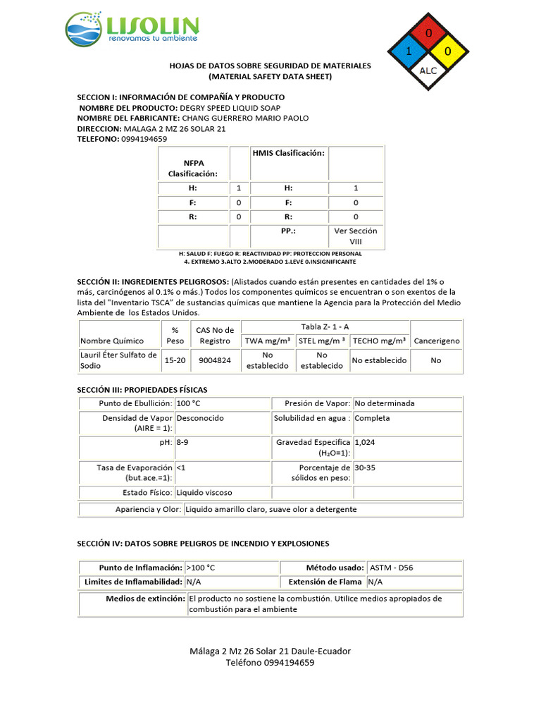 MSDS Degry Speed Liquid Soap PDF