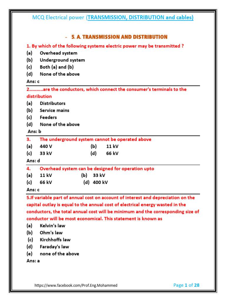 Mcq Electrical Transmission Distribution And Cables Pdf Electric