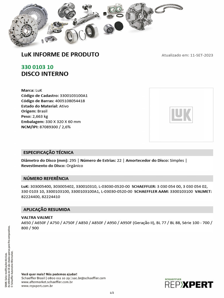 Disco Interno LuK 330 0103 10 para Valtra | PDF