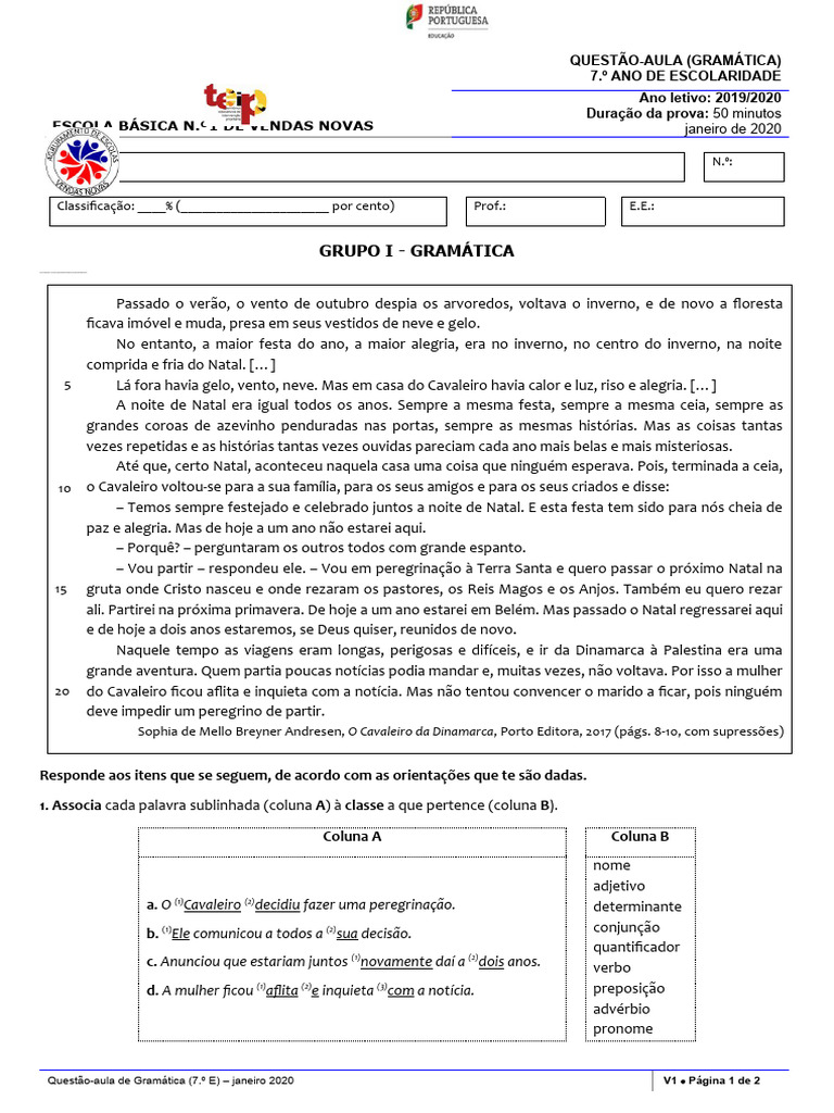 Questão-Aula de Gramática 7.º Ano | PDF