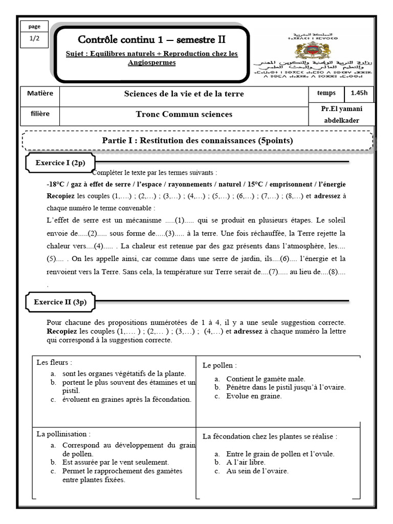 Contrôle SVT Tronc Commun Semestre 2 | PDF | Pollen | Effet de serre