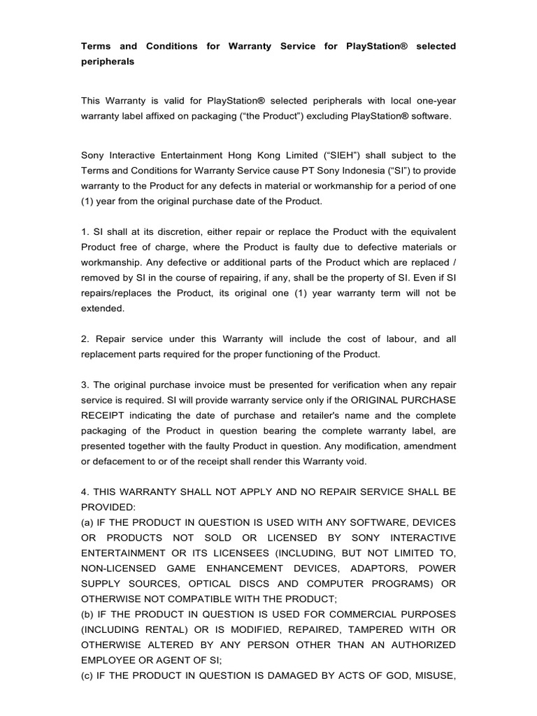 Terms and Conditions For Warranty Service For Playstation® Selected