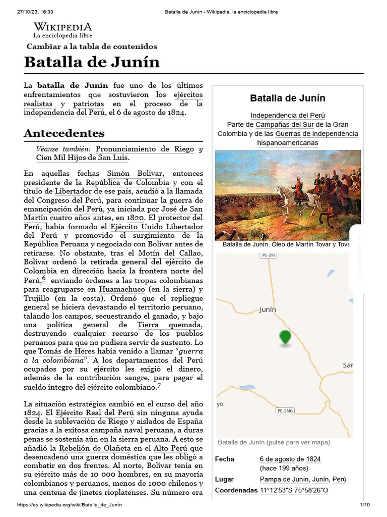 Batalla de Junín Wikipedia, La Enciclopedia Libre PDF