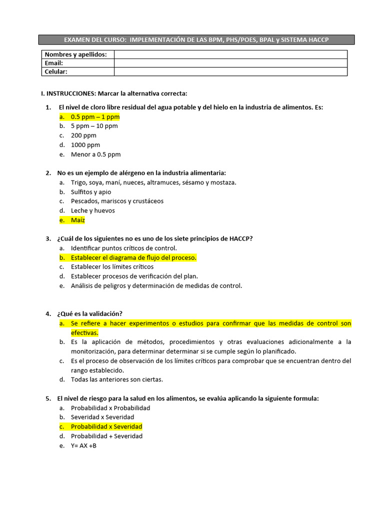 Examen de BpmPhsHaccp PDF Análisis de Riesgo y Puntos Críticos de