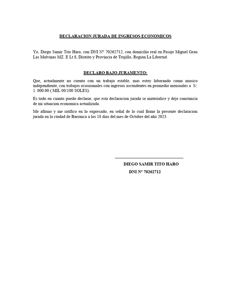 Declaracion Jurada de Ingresos Economicos | PDF | Negocios