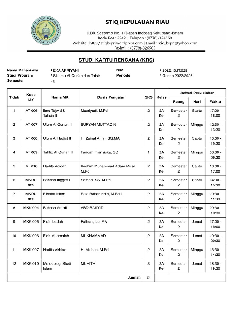 Kartu Rencana Studi S1 Ilmu Al-Qur'an | PDF
