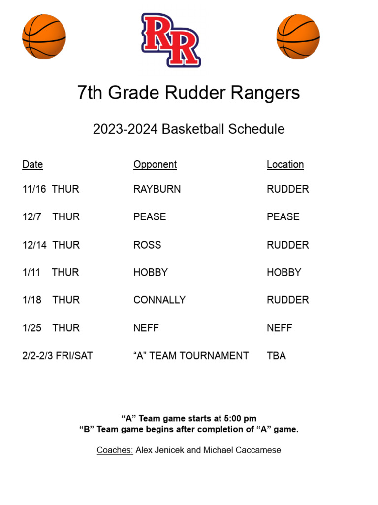 7th Grade 2023 Basketball Schedule PDF