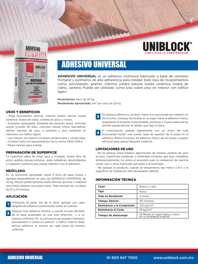 Ficha Técnica Adhesivo Universal Uniblock | PDF | Hormigón | Adhesivo