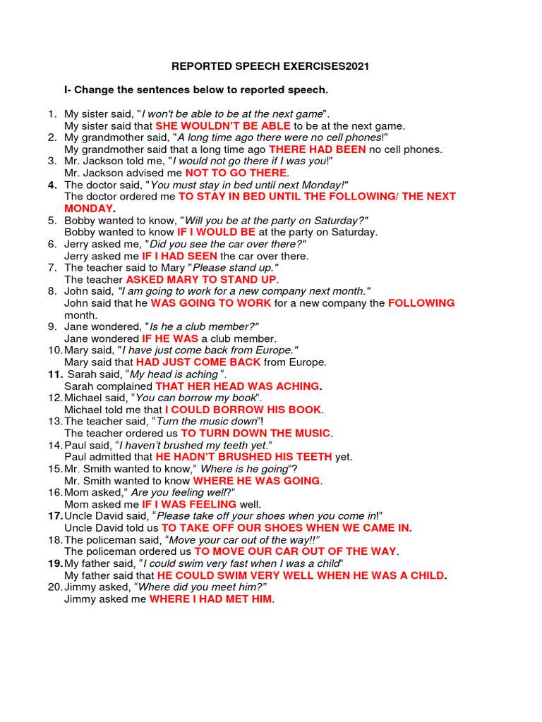 Reported Speech Exercises2021 - Key - 210615 - 162036 | PDF