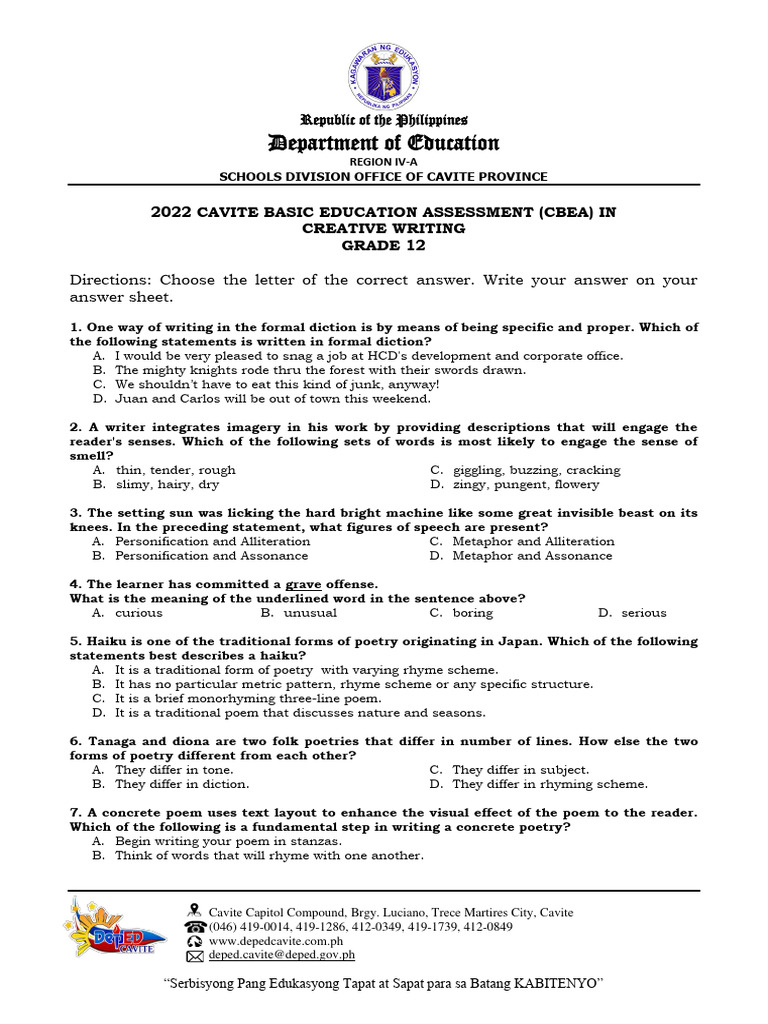 Cavite Grade 12 Creative Writing Exam | PDF | Poetry | Narration