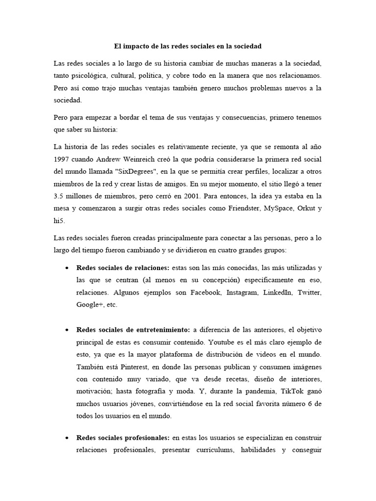 Impacto de las Redes Sociales en la Sociedad | PDF | Servicio de redes ...