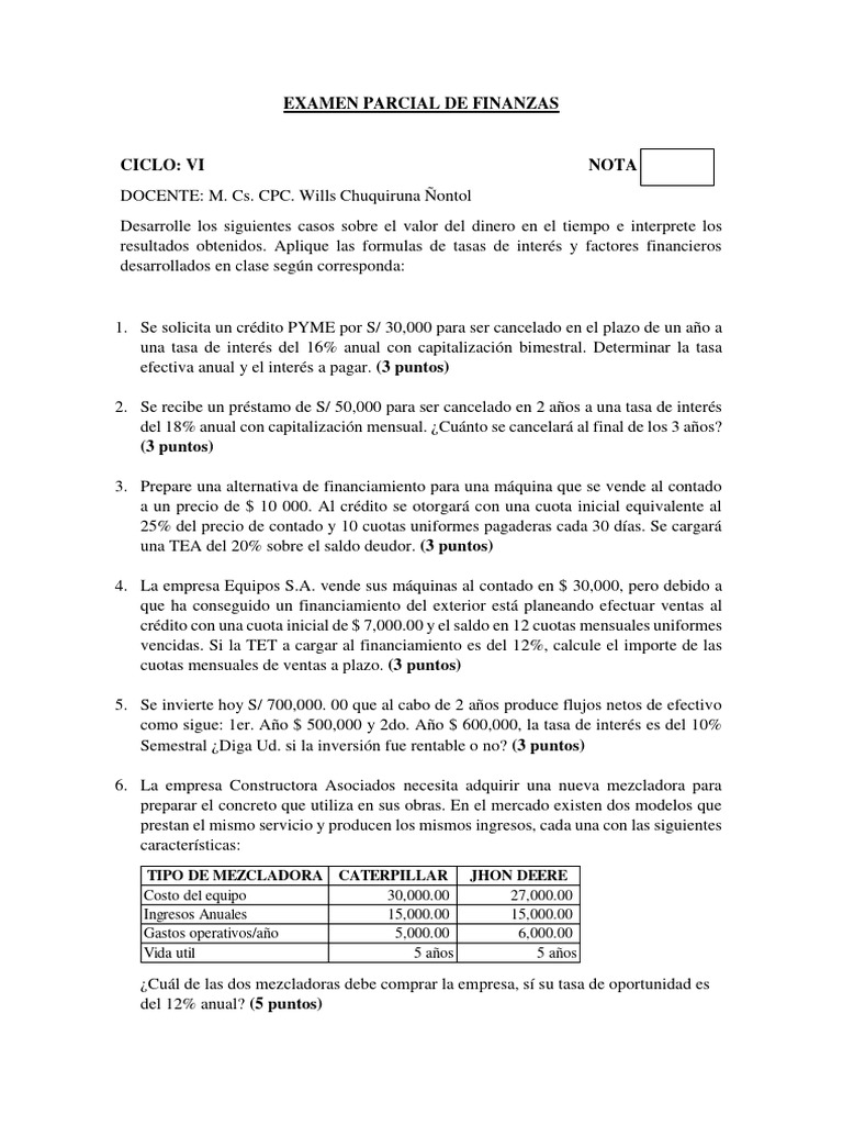 Examen Parcial de Finanzas | PDF