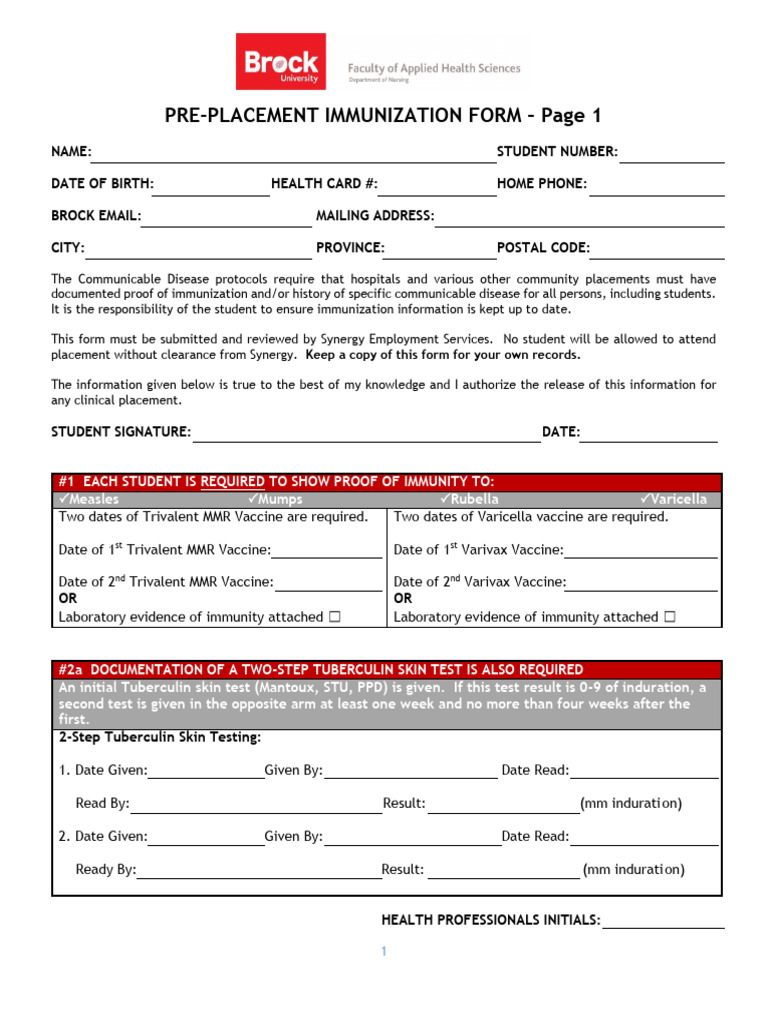 Pre-Placement Immunization Form (June 2017) Brock | PDF | Clinical ...