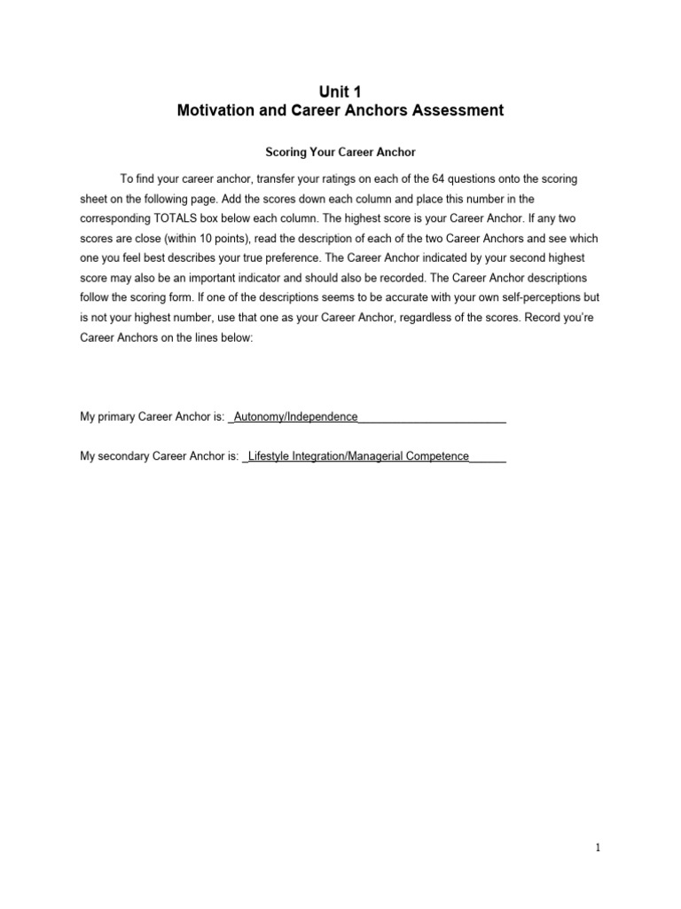 Career Anchors Assessment Download Free PDF Autonomy Leadership