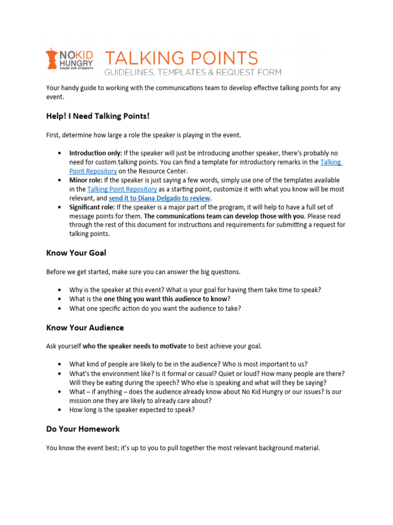Talking Points One Pager PDF Hunger Human Communication