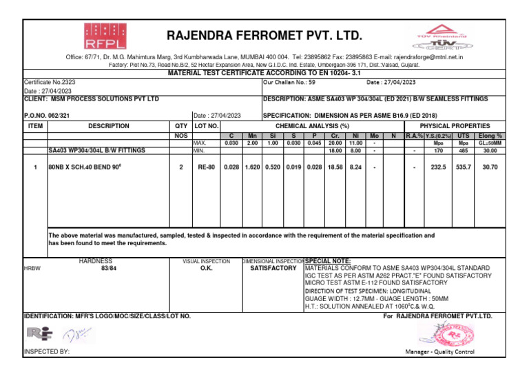 Rajendra Ferromet Pvt. LTD.: Material Test Certificate According To en ...