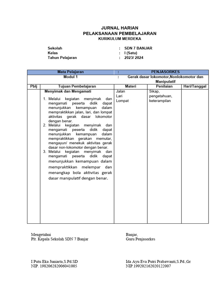 Jurnal Harian PJOK Kelas 1 Kurikulum Merdeka | PDF