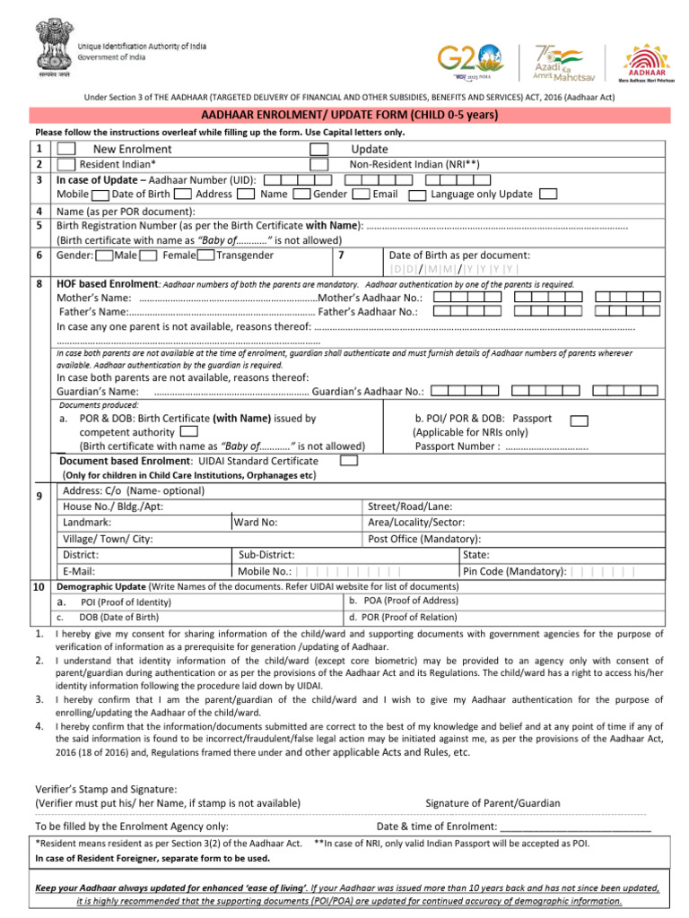 Aadhaar Enrollment Form for Children 0-5 | PDF | Birth Certificate ...